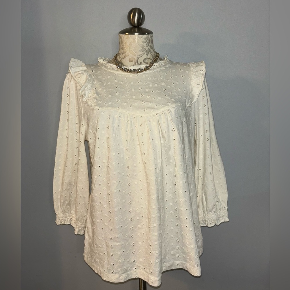 🆕 Fat Face Warm Ivory Eyelet Ruffled Popover  Blouse 3/4 Sleeve Cotton Sz 8. #47